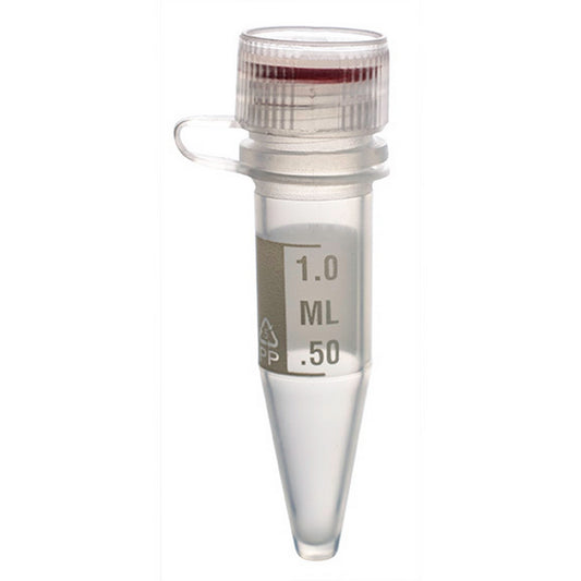 MicrewTube® with Washer Seal Screw Cap and Attachment Loop, 1.5 ml Conical Bottom, Assembled, sterile, white marking area and graduations, Qty/Pk: 50, Qty/Cs: 500