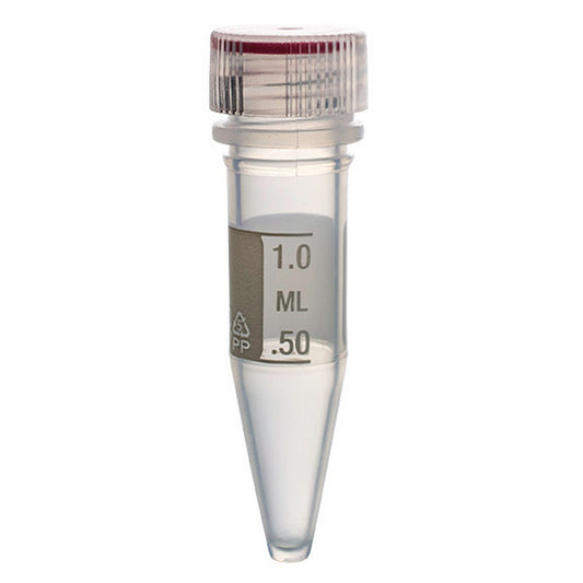 MicrewTube® with Washer Seal Screw and Flat Top Cap, 1.5 ml conical bottom, sterile, tamper-evident, white marking area and graduations, Qty/Pk: 50, Qty/Cs: 500