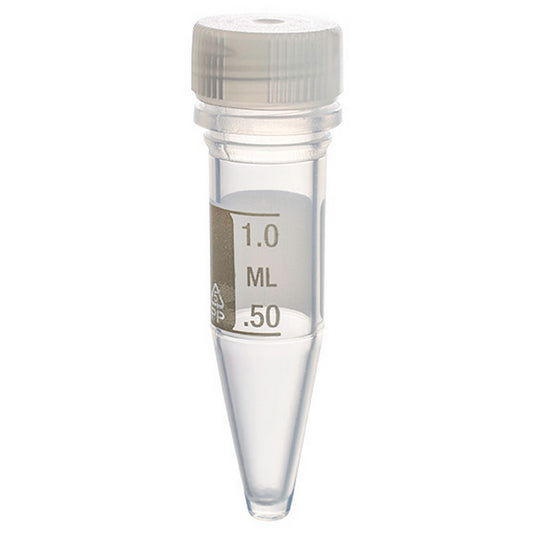 MicrewTube® with Lip Seal and Flat Top Screw Cap, 1.5 ml conical bottom, Assembled, sterile, white marking area and graduations, Qty/Pk: 50, Qty/Cs: 500