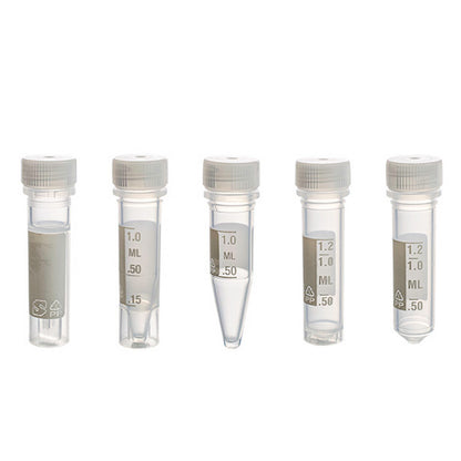 MicrewTube® with Lip Seal and Flat Top Screw Cap, 1.5 ml conical bottom, Assembled, sterile, white marking area and graduations, Qty/Pk: 50, Qty/Cs: 500
