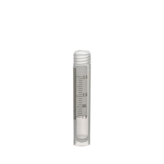 Sample Tubes with External Threads w/o caps, graduated and with white writing area, 3 ml self-standing