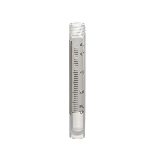 Sample Tubes with External Threads w/o caps, graduated and with white writing area,5 ml self-standing