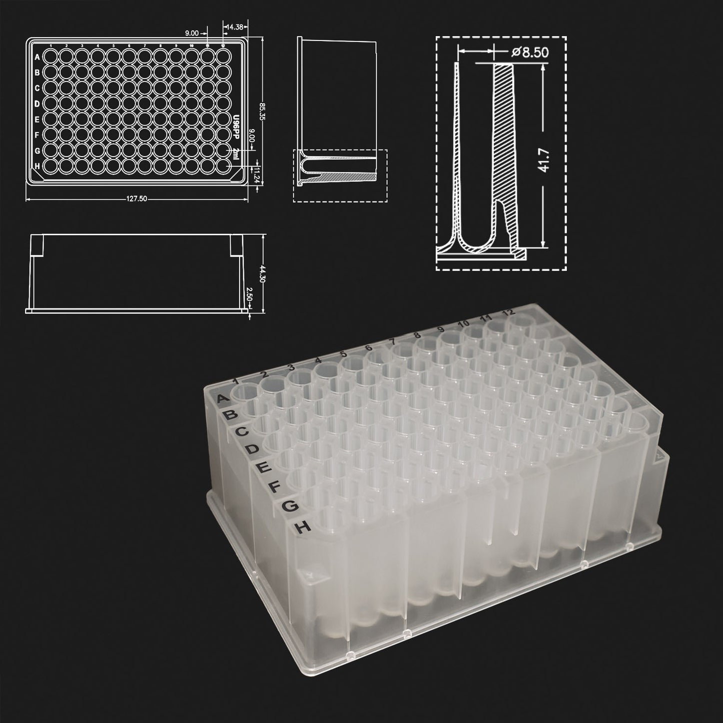 OptiWell™ Deep Well Plate, 96 Round Well, 2.0 mL, 44.3 mm height, U-Bottom, for Hamilton, Black Alphanumeric Printing, PP, Sterile, 10 bags of 5 pieces, 50/cs