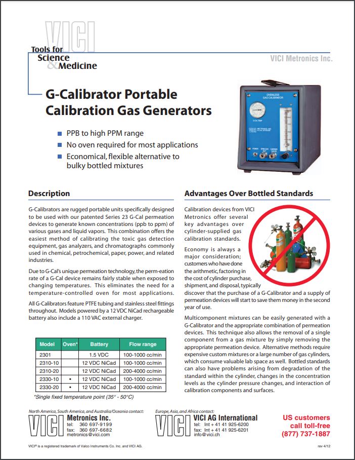 G-Calibrator Portable Calibration Gas Generators