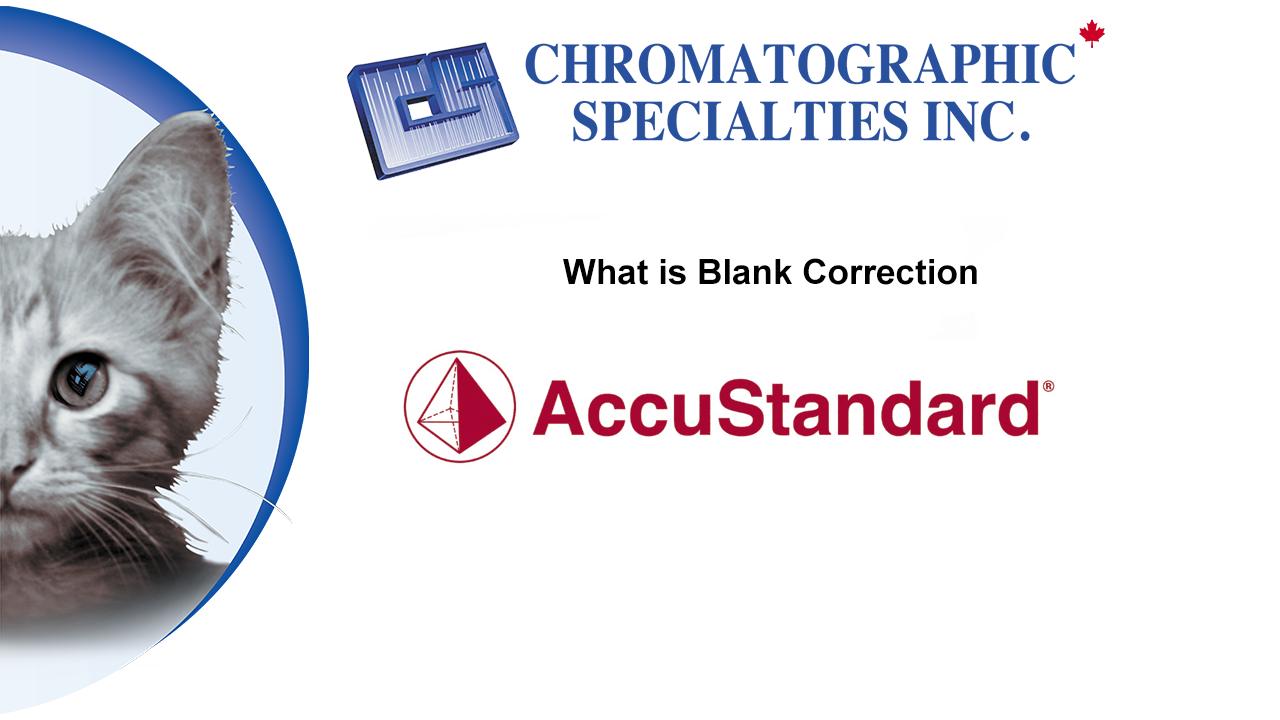 Advertisement for Chromatographic Specialties Inc. and AccuStandard with a cat's face on a white background.