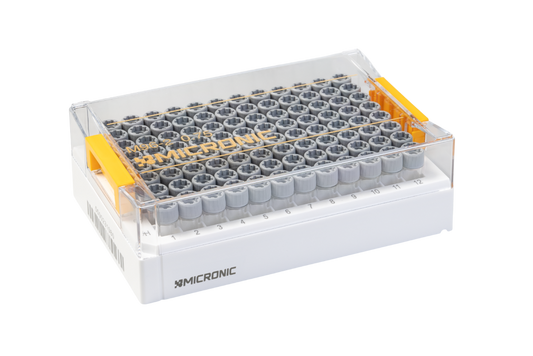 0.75 mL 2D Data-Matrix coded X-Clear Screw Cap Tubes with External Thread V-bottom in Micronic 96-2 Rack with High Cover (Barcoded A1-H1 side), 4 x 10 Racks