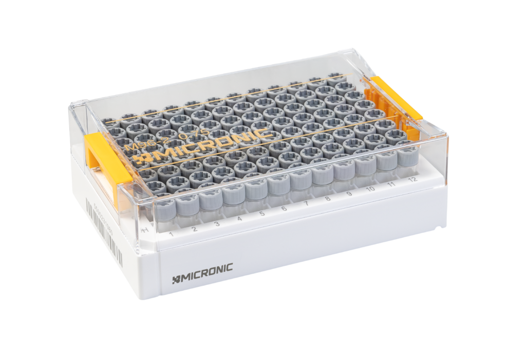 0.75ml 2D Data-Matrix Coded X-Clear Screw Cap Tubes with External Thread V-bottom in Micronic 96-2-DM Rack with High Cover (Barcoded A1-H1 side) 4 x 10 Racks