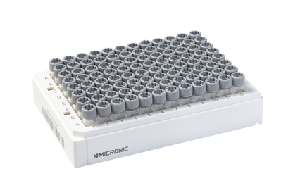 0.75 mL 2D Data-Matrix coded X-Clear Screw Cap Tubes with External Thread V-bottom in Micronic 96-2 Rack with High Cover (Barcoded A1-H1 side), 4 x 10 Racks