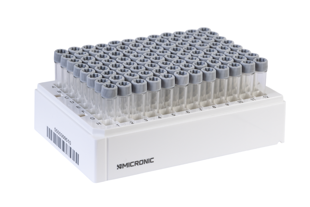 1.40 mL 2D Data-Matrix Coded X-Clear Screw Cap Tubes with External Thread V-bottom in Micronic 96-4-DM Rack with High Cover (Barcoded A1-H1 side), 2 x 10 Racks