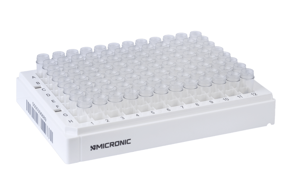 0.75ml 2D Data-Matrix Coded X-Clear Screw Cap Tubes with External Thread V-bottom in Micronic 96-2-DM Rack with High Cover (Barcoded A1-H1 side) 4 x 10 Racks
