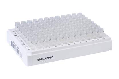 0.75ml 2D Data-Matrix Coded X-Clear Screw Cap Tubes with External Thread V-bottom in Micronic 96-2-DM Rack with High Cover (Barcoded A1-H1 side) 4 x 10 Racks