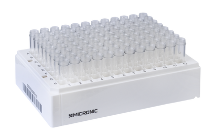 1.40 mL 2D Data-Matrix Coded X-Clear Screw Cap Tubes with External Thread V-bottom in Micronic 96-4-DM Rack with High Cover (Barcoded A1-H1 side), 2 x 10 Racks