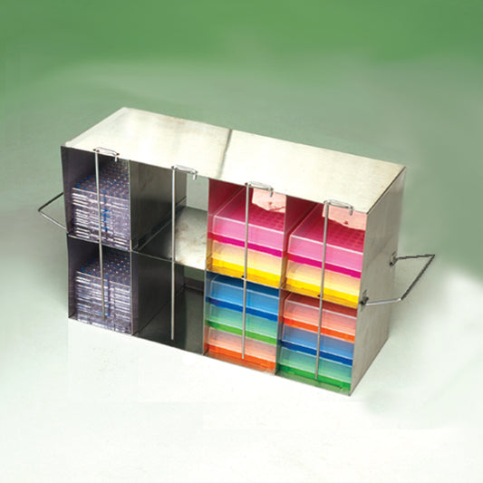 8-Place (4 Long x 2 High) Upright Freezer Rack For Multiple Well Plates, 14 3/4 In L x 5 1/2 In W x 9 1/4 In H, Stainless Steel