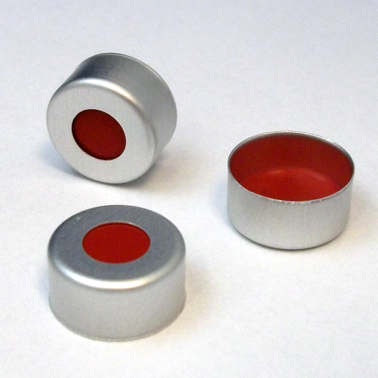 Crimp Cap, 11 mm, Open Top, Silver Aluminum, with 0.040" Red PTFE/White Silicone/Red PTFE Septum, Minimum Order Quantity of 2 Packages