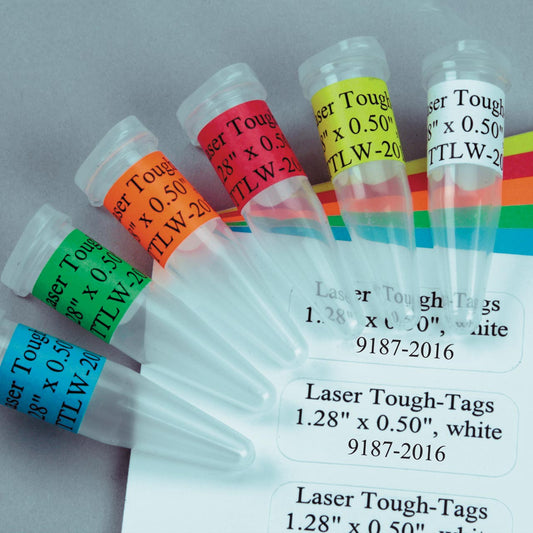 Laser Tough-Tags®, Large, 1.28” L x 0.5” W. Labels/Sheet: 85. Labels/Package: 2125, Assorted Colors