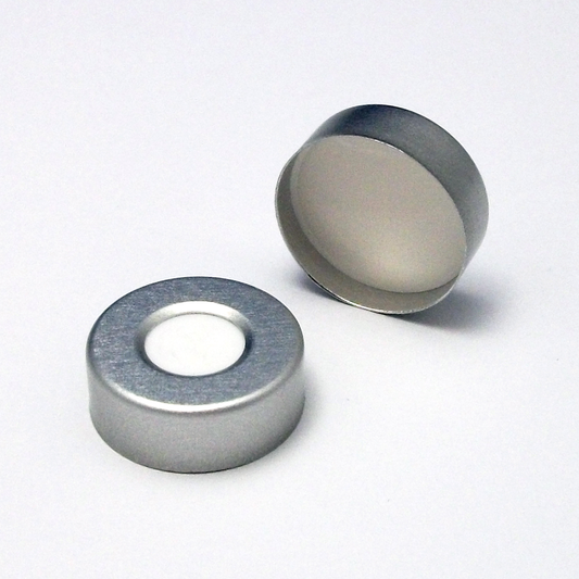 20mm Open Top Crimp Cap, Silver Aluminum, with 0.125" White PTFE/White Low Bleed Silicone Septum