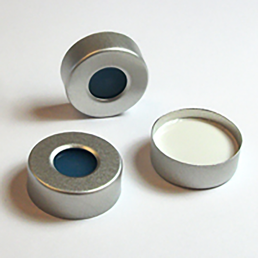 Crimp Cap, CHROMSPEC, 20 mm, Open Top, Silver Aluminum, with 0.125" White PTFE/Translucent Blue Ultra Low Bleed Silicone Septum, Minimum Order Quantity of 20 Packages