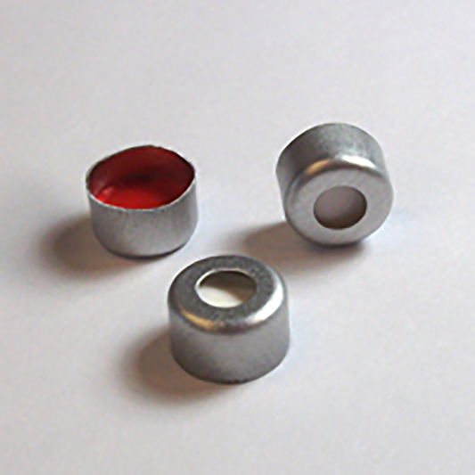 Crimp Cap, CHROMSPEC, 8 mm, Open Top, Silver Aluminum, with 0.040" Thick Red PTFE/ White Silicone / Red PTFE Septum, Minimum Order Quantity of 20 Packages