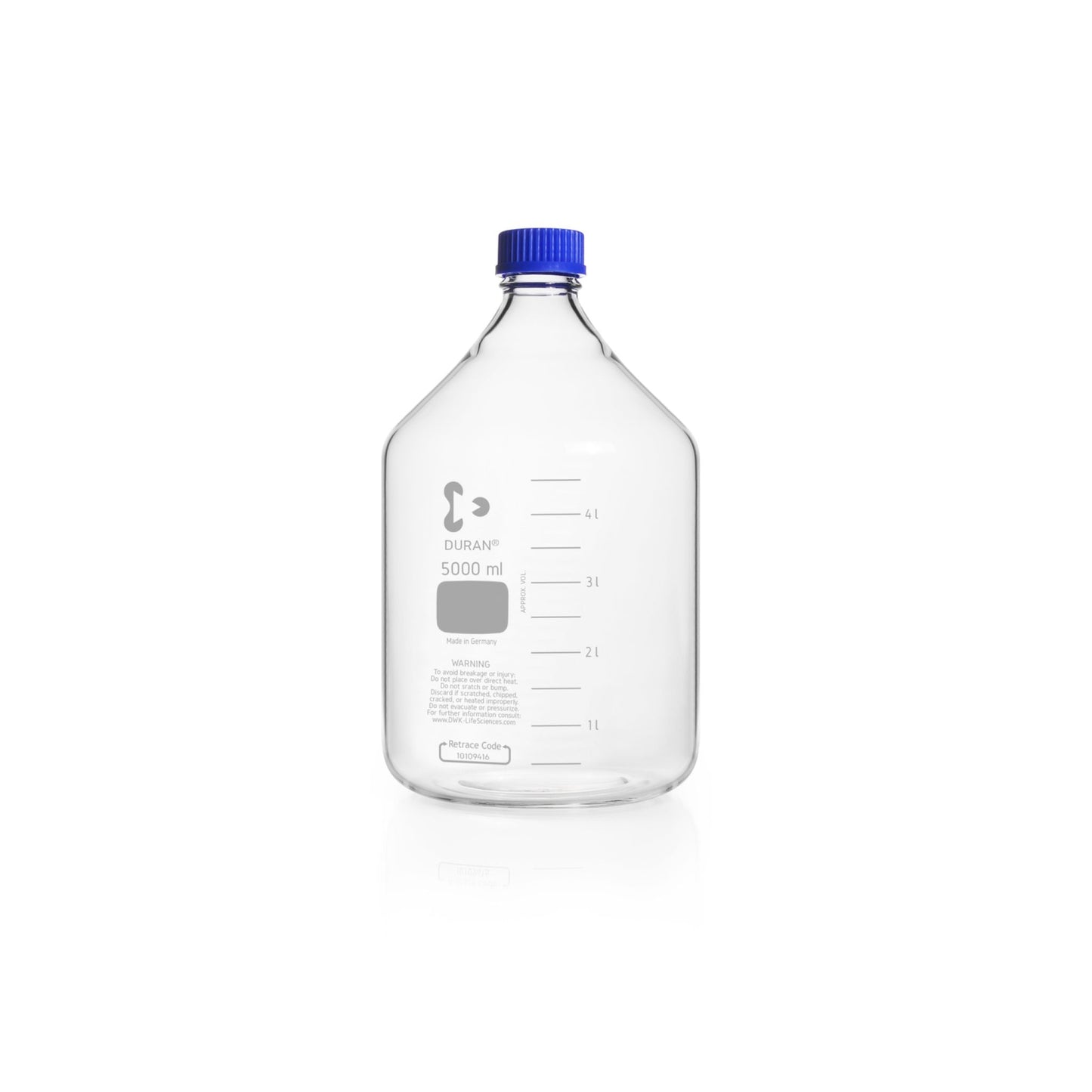 DURAN® Original GL 45 Laboratory Bottle, 5000 mL, Clear, with Screw Cap and Pouring Ring, PP, Blue, 1/pk, Made-to-Order, Non-Returnable, Non-Refundable