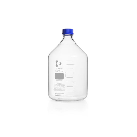 DURAN® Original GL 45 Laboratory Bottle, 5000 mL, Clear, with Screw Cap and Pouring Ring, PP, Blue, 1/pk, Made-to-Order, Non-Returnable, Non-Refundable