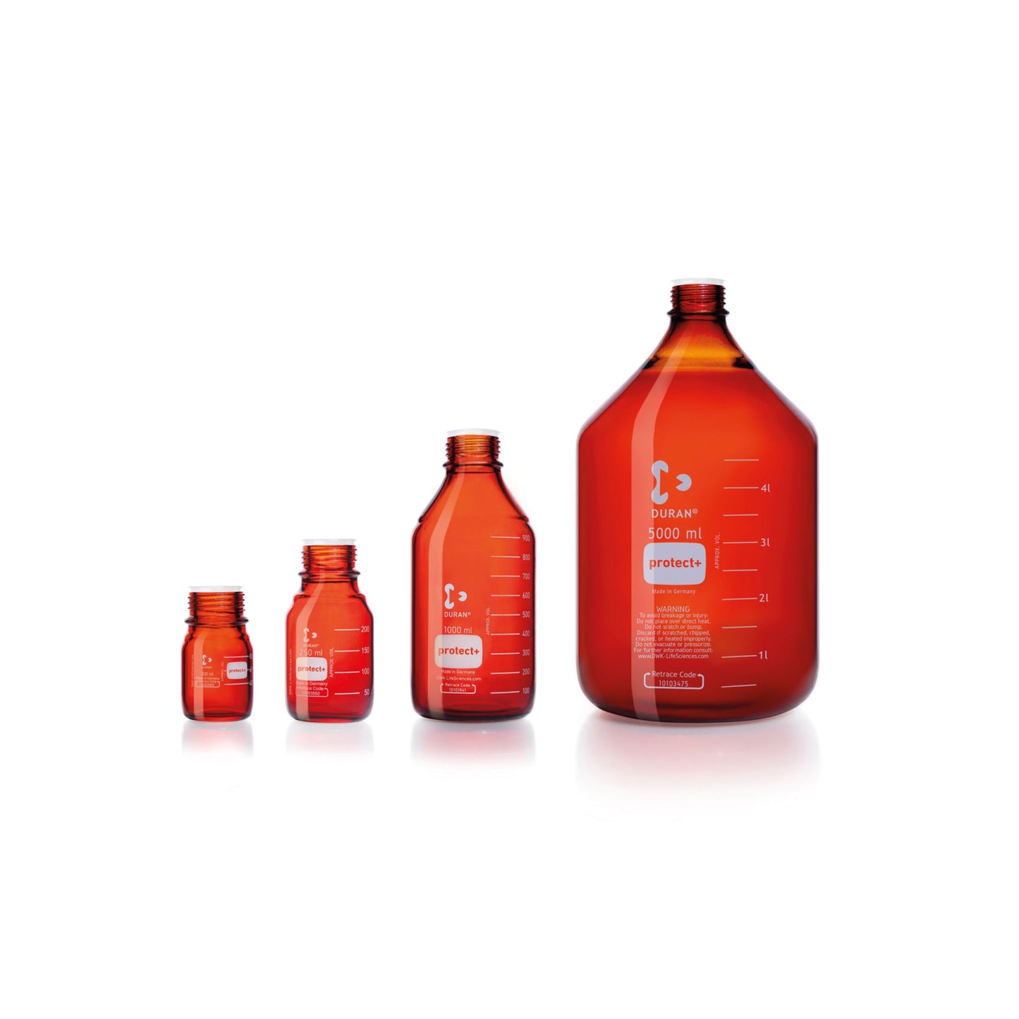 Image of N218061782 - DURAN® protect+ GL 32 Laboratory Bottle, Amber, Plastic Safety Coated, without Screw Cap and Pouring Ring, 50 mL