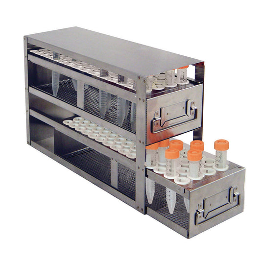 2-Drawer Upright Freezer Rack For 15 mL Tubes, 120 Tube Capacity, 16 1/2 In L x 5 1/2 In W x 9 15/16 In H, Stainless Steel