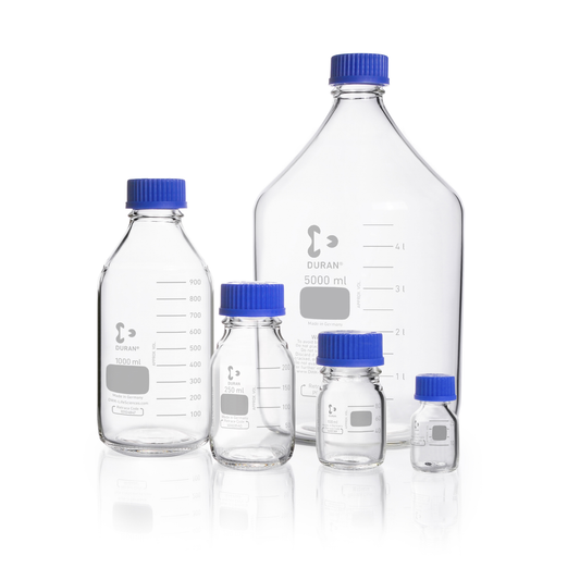 DURAN® Original GL 45 Laboratory Bottle, Clear, with Screw Cap and Pouring Ring, PP, Blue, 2000 mL, 10/pk