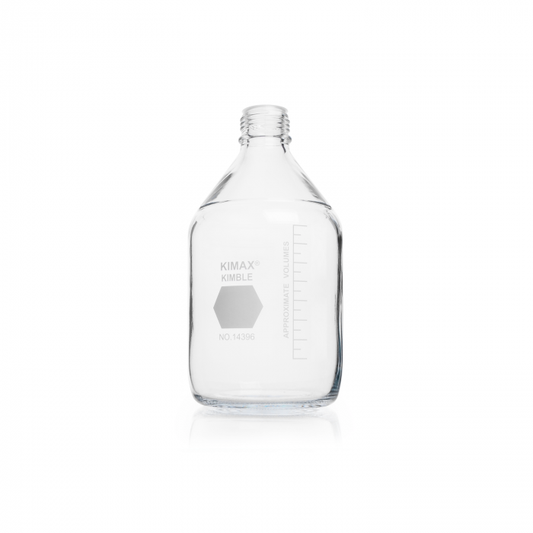 KIMBLE® GL45 Media Bottles, 2000 mL, 136 x 260 mm, Graduated, Clear Glass, without Cap, 4/pk