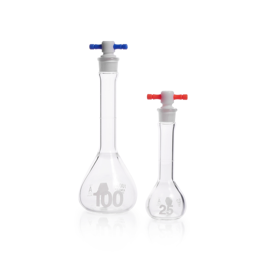 KIMBLE® KIMAX® Volumetric Flask, Class A, Heavy Duty, Wide-Mouth, Color Coded PTFE Stopper, 50 mL, 6/pk