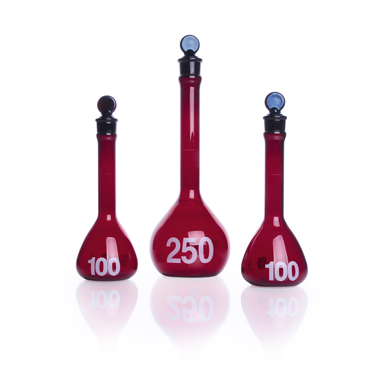 KIMBLE® RAY-SORB® Volumetric Flask, 500 mL, Amber, Class A, Heavy Duty, Wide Mouth, with 19 mm Pennyhead Glass Stopper, 6/pk