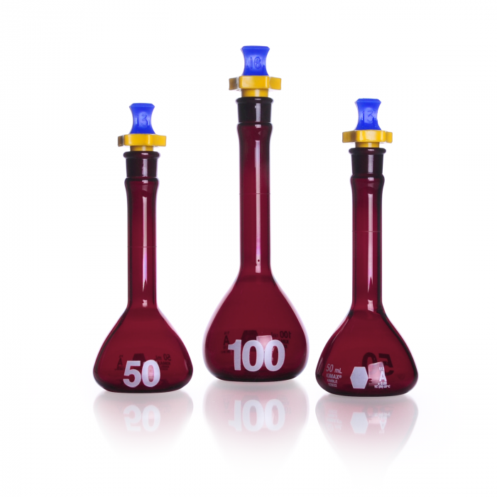 KIMBLE® RAY-SORB® Volumetric Flask, 20 mL, Amber, Class A, Heavy Duty, Wide Mouth, with Polyethylene Stopper