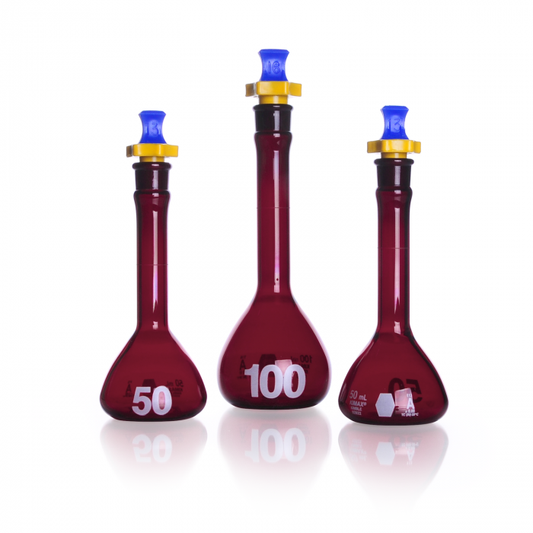 KIMBLE® RAY-SORB® Volumetric Flask, 20 mL, Amber, Class A, Heavy Duty, Wide Mouth, with Polyethylene Stopper