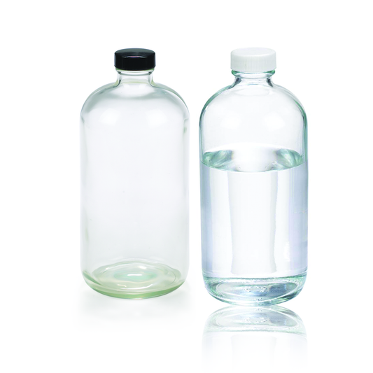 WHEATON® Clear Safety Coated Boston Round Bottle, 1000mL (32oz) 33-400 PE Cone LDPE Black Phenolic Cap