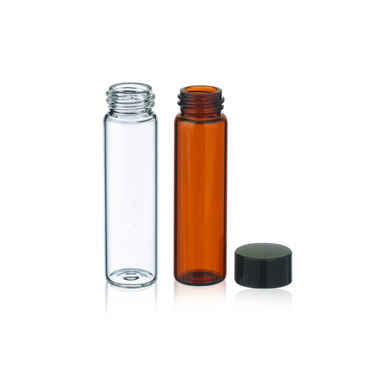 WHEATON® E-C Sample Vials, 8 mL, 17 x 63 mm, Amber Glass, 15-425 Black Phenolic Cap with PTFE / 14B Rubber Liner, 200/pk