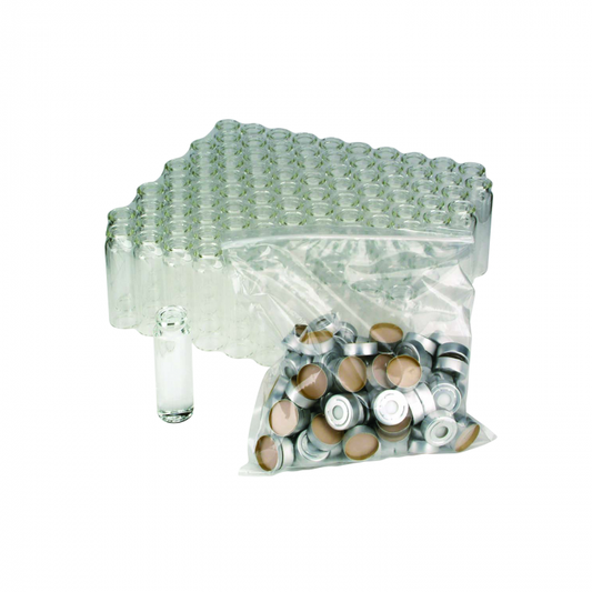WHEATON® Convenience Pack, 10mL, 23 x 46 mm, Round Bottom, Beveled Top, Clear Glass, 20 mm Pressure Release Seal with PTFE / Silicone Septa, Made to Order Item