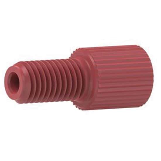 Sale Item - Flangeless Male Nut, Standard Knurl, Red Acetal, 1/16" OD Tubing, 1/4-28 Flat-Bottom, Non-cancellable, Non-returnable, Special Sale Price Shown, While Quantities Last