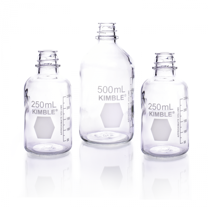 KIMBLE® Media Bottle, With Graduations, Without Caps, 1000 mL, 102 x 222 mm, 38-430 Thread, Clear USP Type I Glass
