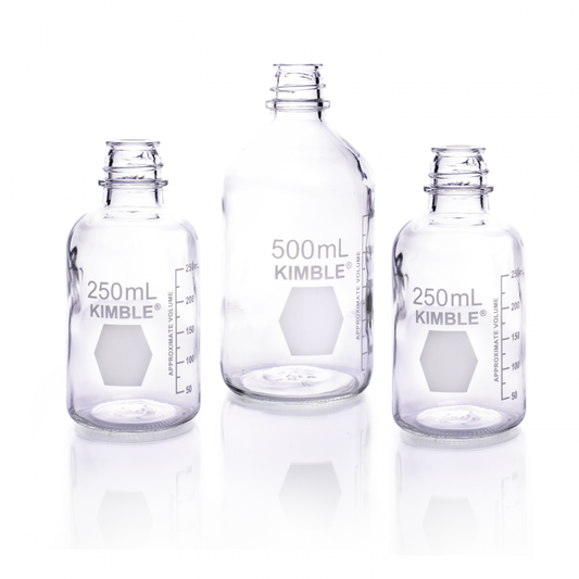 KIMBLE® Media Bottle, With Graduations, Without Caps, 1000 mL, 102 x 222 mm, 38-430 Thread, Clear USP Type I Glass