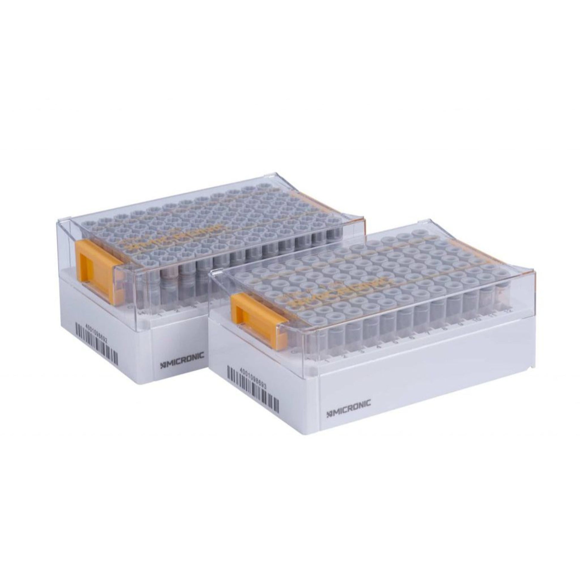 Image of 1.40 mL Non coded Screw Cap tubes with Internal Thread U-bottom Snap in Micronic 96-4 Rack with Low Cover (Barcoded A1-H1 side)