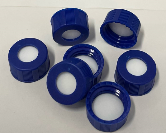 Screw Cap, CHROMSPEC, 9 mm, Open Top, Ribbed, Blue with 0.040" Clear Polypropylene/White Silicone Septum, suggested for PFAS Analysis, Minimum Order Quantity of 20 Packages