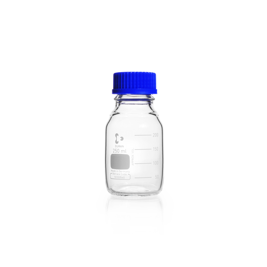 DURAN® Original GL 45 Laboratory Bottle, 250 mL, Clear, with Screw Cap and Pouring Ring, PP, Blue, 10/pk