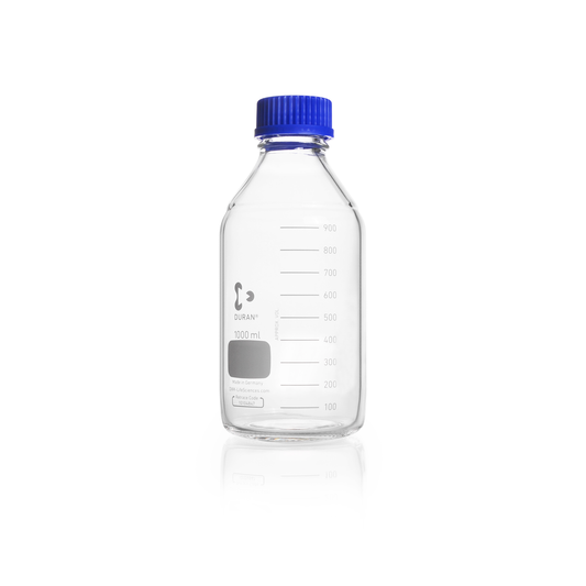 DURAN® Original GL 45 Laboratory Bottle, 1000 mL, Clear, with Screw Cap and Pouring Ring, PP, Blue, 10/pk