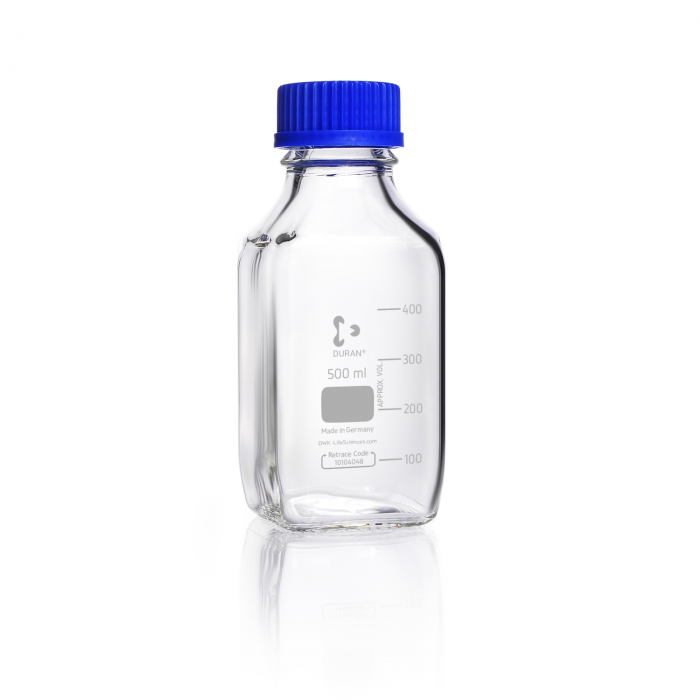 Lab Bottle, DURAN® GL 45, 500 mL, 78 x 186 mm, Clear Glass, With Blue Polypropylene Screw Cap and Pouring Ring