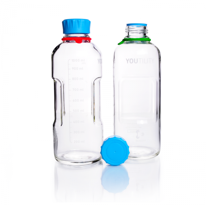 DURAN® YOUTILITY® GL 45 Laboratory Bottle (clear), with screw cap and pouring ring (PP, cyan), 1000 mL