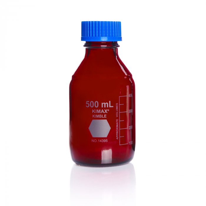 KIMBLE® RAY-SORB® GL 45 Media Bottle, 500 mL, 86 x 176 mm, Graduated, Linerless GL 45 Screw Thread Cap