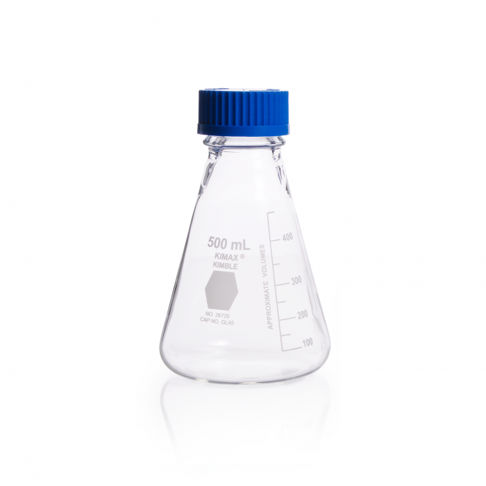 Erlenmeyer Flask, 500 mL, Wide Mouth, GL45, 102 x 165 mm, 50mL Graduation Intervals, Borosilicate Glass, Uncoated