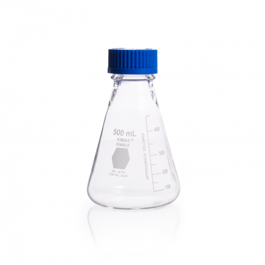 Erlenmeyer Flask, 500 mL, Wide Mouth, GL45, 102 x 165 mm, 50mL Graduation Intervals, Borosilicate Glass, Uncoated