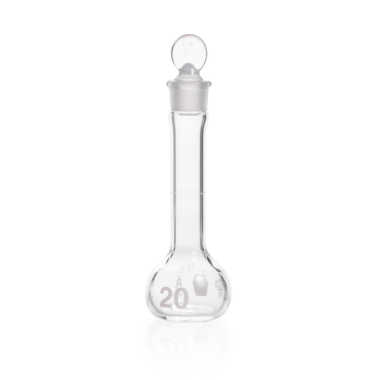KIMBLE® KIMAX® Serialized and Certified Volumetric Flask, Class A, Heavy Duty, Wide-Mouth, with Pennyhead Glass Stopper, 20 mL