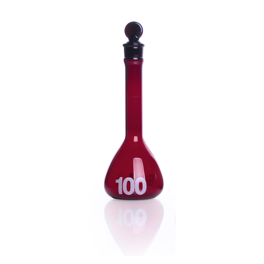 KIMBLE® RAY-SORB® Volumetric Flask, 100 mL, Amber, Class A, Heavy Duty, Wide Mouth, with 16 mm Pennyhead Glass Stopper, 6/pk