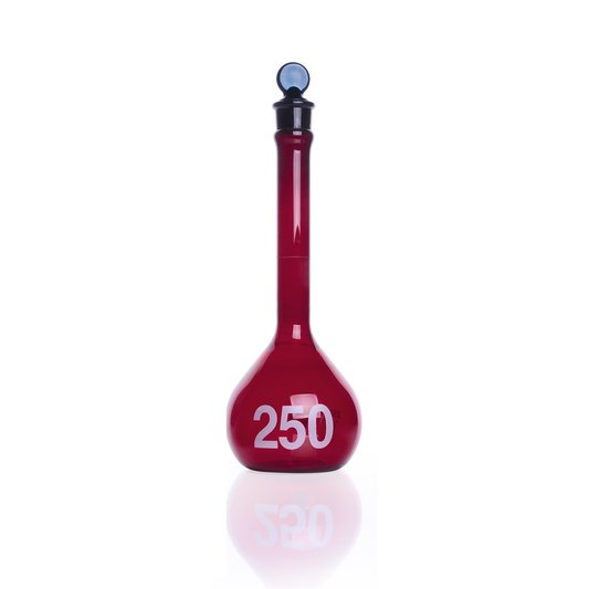 KIMBLE® RAY-SORB® Volumetric Flask, 250 mL, Amber, Class A, Heavy Duty, Wide Mouth, with 19 mm Pennyhead Glass Stopper, 6/pk